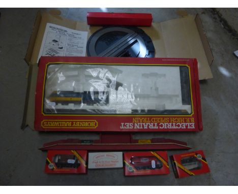 Boxed Hornby OO gauge R695 BR High Speed Train Set containing only engine and 2 coaches plus boxed Hornby R410 Operating Turn