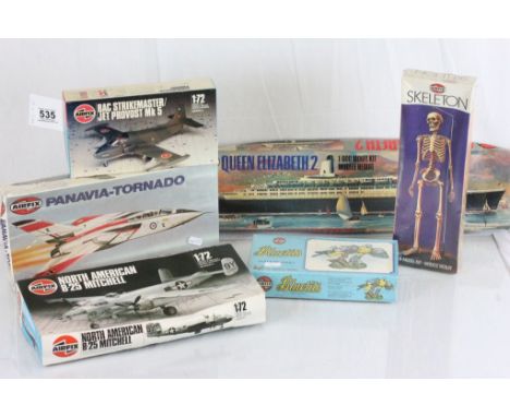 Six boxed and complete Airfix plastic model kits to include Queen Elizabeth 2, Bluetits, Skeleton, BAC Strikemaster/Jet Provo