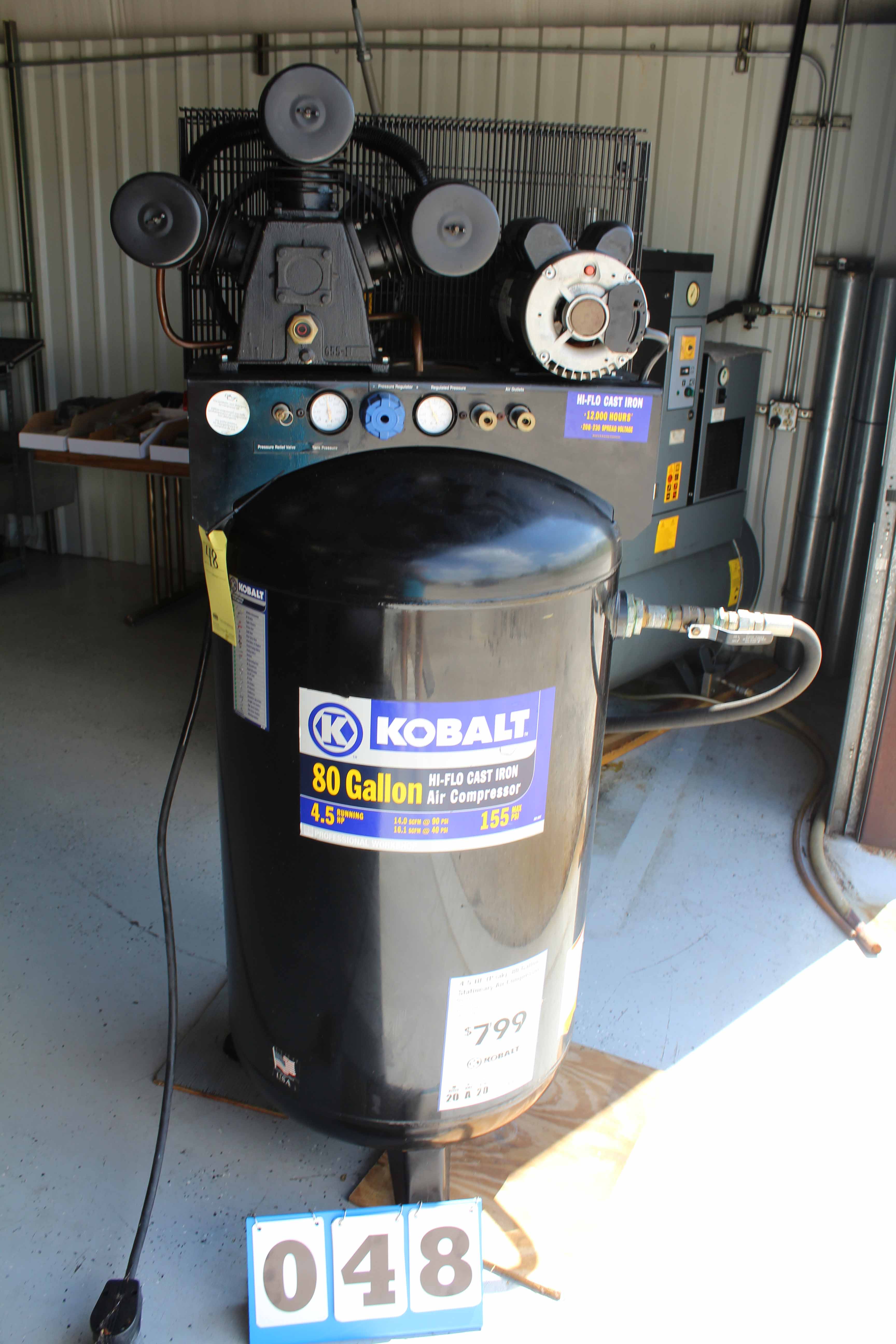 ELECTRIC AIR COMPRESSOR, KOBALT MDL. LLA4508065, 4.7 HP motor, 80 gal