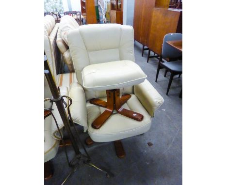 A CREAM HIDE UPHOLSTERED SWIVEL ARMCHAIR, ON FOUR SPLAYED LEGS AND THE MATCHING POUFFE 
