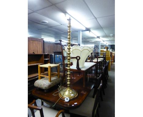 A BRASS STANDARD LAMP HAVING SILK SHADE OVER SQUARE BRASS BALL  SPACER COLUMN ON SPREAD BASE 