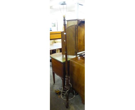 AN ELECTRIC LAMP STANDARD ON VICTORIAN CARVED WALNUTWOOD TRIPOD BASE 
