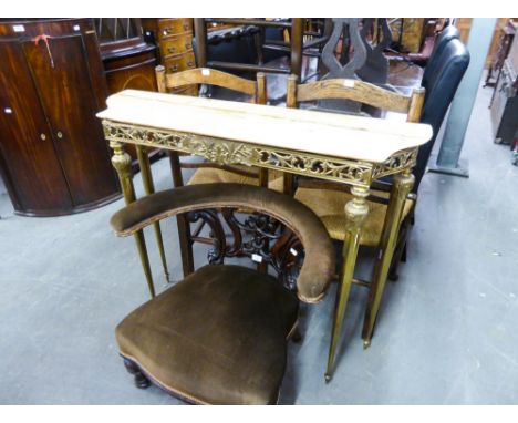 A GILT BRASS CONSOLE WITH POLISHED MARBLE TOP 