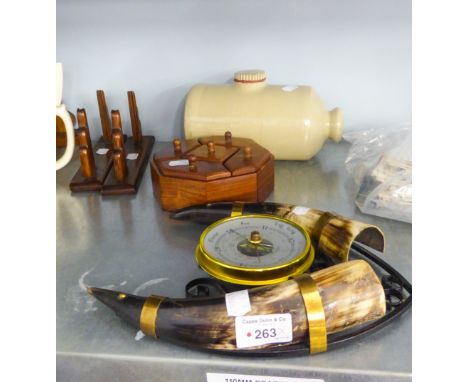 ANEROID BAROMETER MOUNTED ON WROUGHT IRON FRAME WITH FLANKING HORNS, OCTAGONAL TEA CADDY WITH 5 LIDDED COMPARTMENTS, AND A ST