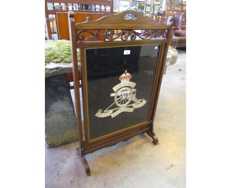 Edwardian Mahogany Firescreen with Embroidered Royal Artillery Panel
