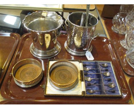 Two Silver Plated Wine Bottle Stands, Pair of Decanter Coasters and Cutlery