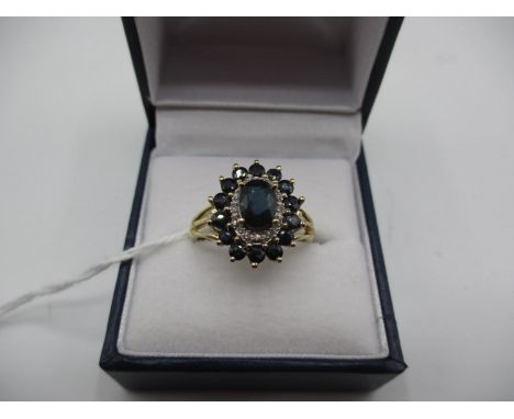 9ct Gold Sapphire and Diamond Large Cluster Ring, Size R