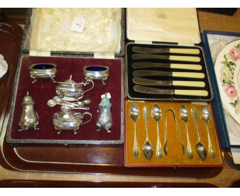 Cased Silver Plated Condiments, Cased Tea Knives and Teaspoons