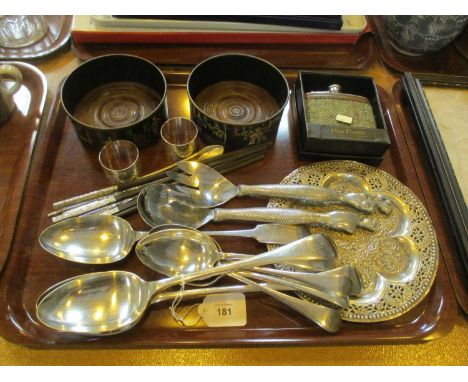 Pair of Decanter Coasters, Cutlery, Hip Flask etc