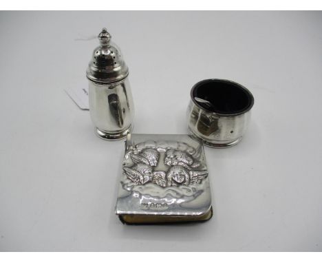 Two Silver Condiments and Spoon and Silver Font Common Prayer Book