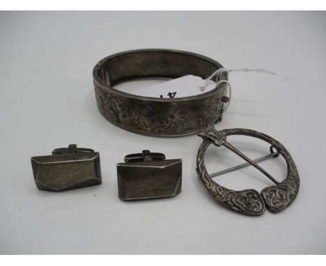 Harvie Oban Silver Brooch, Silver Bangle and a Pair of Silver Cufflinks