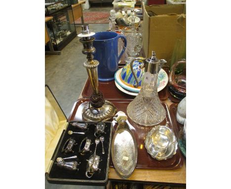 Silver Plated Table Lamp, Cased Condiments, Snuffer Tray, Sauce Boat and a Wine Jug