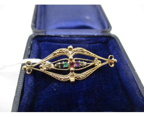 9ct Gold Diamond, Emerald, Amethyst, Ruby, Sapphire etc., Dearest Brooch