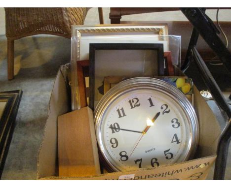 Box of Vintage Prints, Photographs and Advertising Posters, Glass Chess Set, Illuminated Wall Clock etc