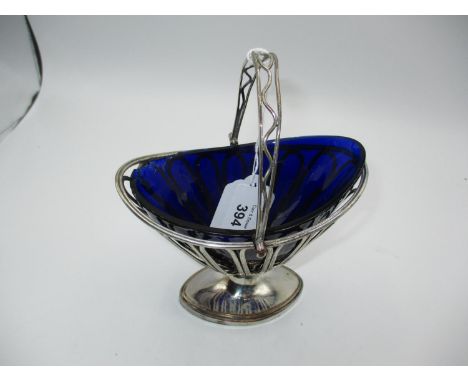 Georgian Silver Plate on Copper Swing Handle Sugar Basket with Blue Glass Liner