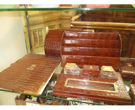 Asprey London 9ct Gold and Crocodile Skin Desk Set Comprising Writing Folio, Stationery Box, Inkwell, 2 Note Pads, Blotter, 1