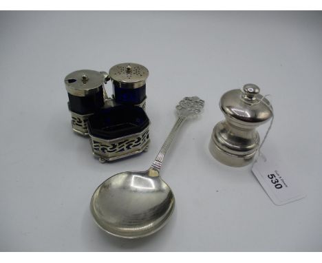 Silver and Blue Glass Condiment Set, Silver Pepper Grinder and Continental 830 Silver Spoon