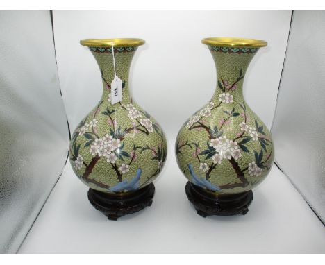 Pair of Cloisonne Enamel Vases, 31cm, with Wooden Stands