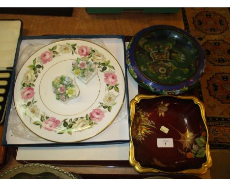 Cloisonne Enamel Dragon Bowl, Carltonware Dish, Royal Worcester Cake Plate and 2 Royal Doulton Posies
