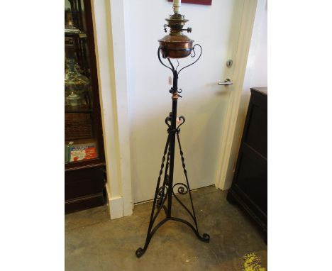 Victorian Wrought Metal and Copper Standard Oil Lamp, fitted electric