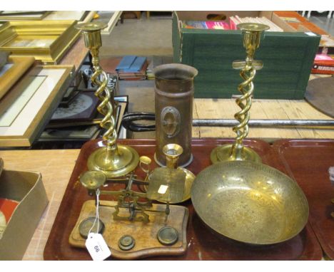 Postal Scales, Pair of Brass Candlesticks, 1918 Shell Case Vase etc