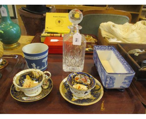 Two Victorian Cabinet Cups and Saucers, Decanter and 2 Vases