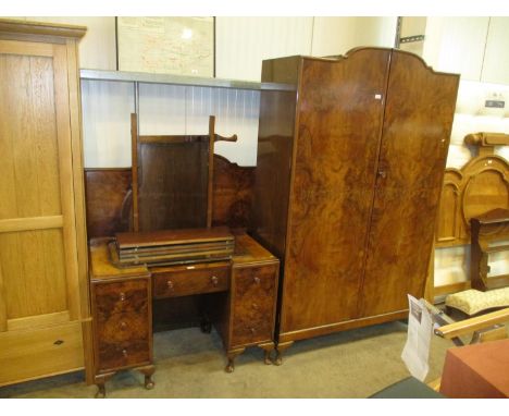 1920s Figured Walnut 2 Door Wardrobe, Dressing Table and Bedstead