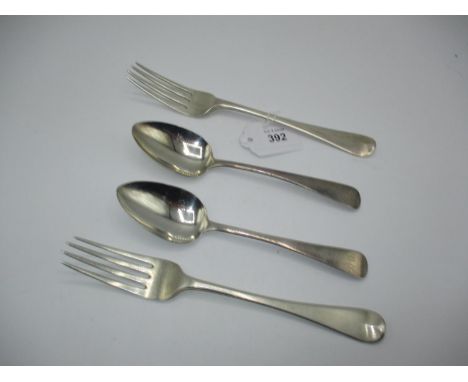 Pair of George III Silver Dessert Spoons, London 1779, and a Pair of Silver Forks, London 1805, 184g total