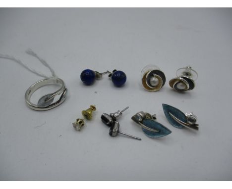 Silver and Enamel Ring and 4 Pairs of Ear Studs