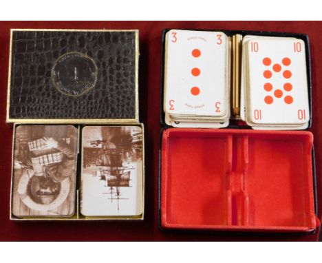 Wooden Box-Glove box with decorative panel of mother of pearl Japanese design,  and Real Canasta set in box with rules