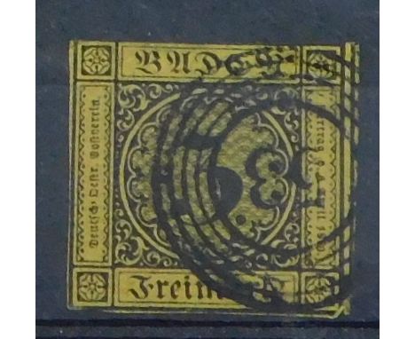 German States Baden 1865-1852 SG 3 used 3K on yellow. 
