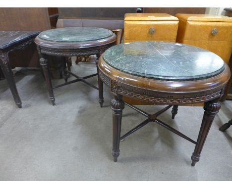 A pair of French style circular beech and marble topped lamp tables 