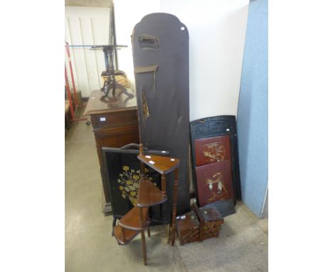 Mahogany library steps, four panel folding screen, a/f, Chinese screen a/f, sewing box and a fire screen 