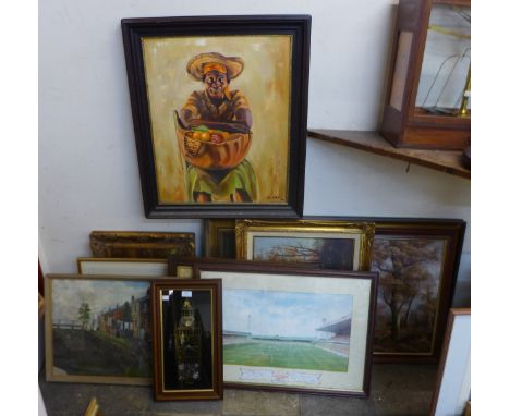 Assorted paintings, prints and a Big Ben wall clock 