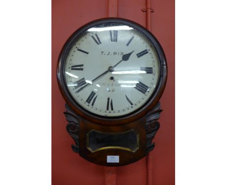 A Victorian mahogany circular fusee wall clock, the painted dial signed T.J. Rix, 480 Bethnal Green Road, N.R. 