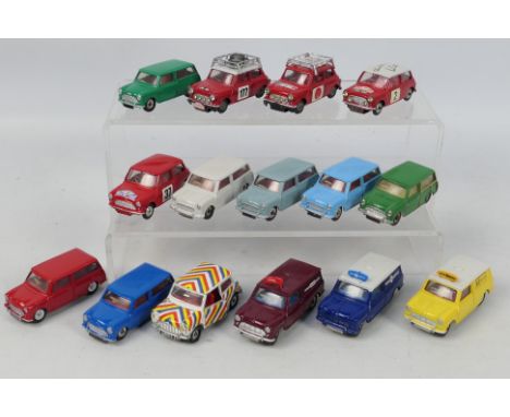 Dinky - Corgi - 15 x unboxed refurbished Mini models in 1:43 scale including AA Van # 274, Stripey The Magic Mini # 107, Coop