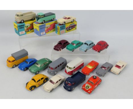 Corgi - Dinky - 19 x refurbished Volkswagen and Porsche models including VW 1500 Saloon # 144, VW Pickup # 431, Beetle # 181,