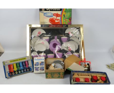 Greenmonk - Travel Connect 4 - Reis wooden toys - Bewick Lady Jane - Typewriter Xylophone - Airfix - Gyrobat. A selection of 