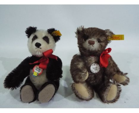 Steiff - Two Steiff bears, 029905 & 029271 approx 16 cm (h). Each with gold Steiff button and yellow label. Black & White Pan