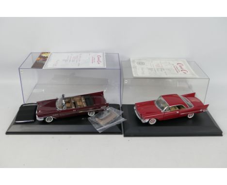 Danbury Mint - 2 x 1958 Chrysler models in 1:24 scale, a 300D Sport Coupe in Matador Red and a New Yorker Convertible in Garn