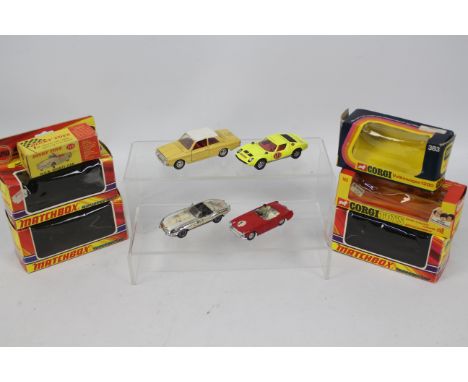 Corgi - Dinky - Matchbox - Spot-On - 4 x unboxed cars and 6 x empty boxes, Lamborghini Miura # 342. Spot-On Austin Healey Spr