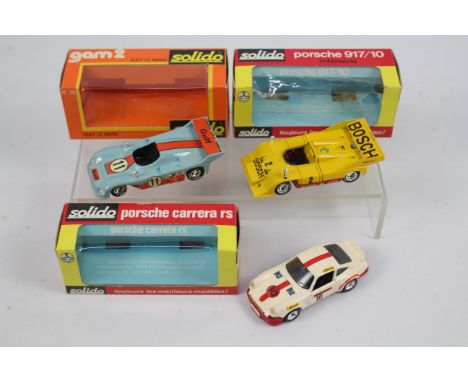 Solido - 3 x boxed models #18b Porsche 917/10 No.38 Gulf Le Mans 1975 #24 Porsche Carrera RS. The Porsche Carrera has been re