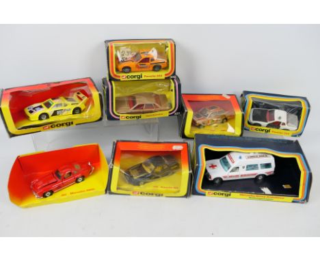 Corgi - 8 x boxed German cars including Opel Senator # 329, Mercedes Bonna Ambulance # 406, Porsche 924 Rally # 303 and simil