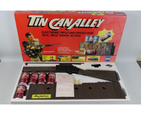 Tin Can Alley - Ideal - Rifle and target game. A boxed vintage Tin Can Alley, Electronic Rifle and Target For Real Rifle Rang