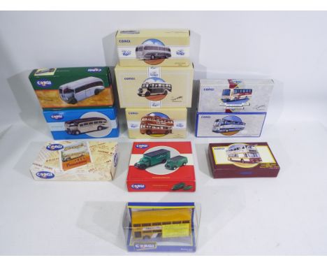 Corgi - 11 x boxed Corgi buses, coaches and vans - Lot includes a #97181 'Timpsons' AEC Regal Coach. A #97189 5,062 of 10,000