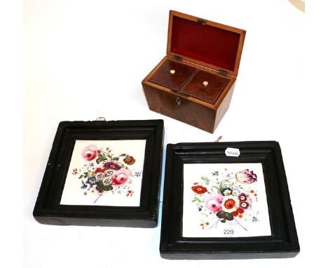 A pair of Victorian floral decorated tile panels and a burr Yew wood tea caddy (3)