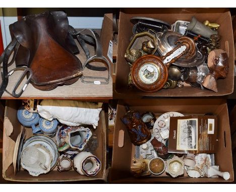 A quantity of mixed ceramics and including Masons jugs, Copper lustre jugs, Jasper ware, Tea pots and a selection of metal wa