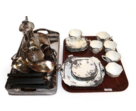 A Shelley Queen Anne part tea service, a set of four nursery prints, a silver plated tray, bread dish, sugar scuttle, coffee 