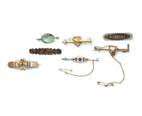 An amethyst and split pearl bar brooch, stamped '9CT', length 5.0cm; three 9 carat gold bar brooches including a stirrup and 