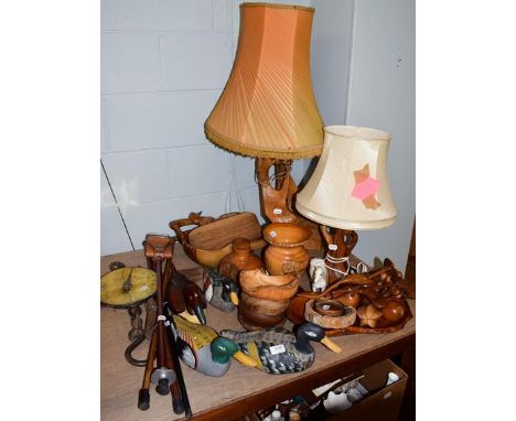 Pine ducks, a root wood lamp and another, a quantity of treen and various ornaments, etc 